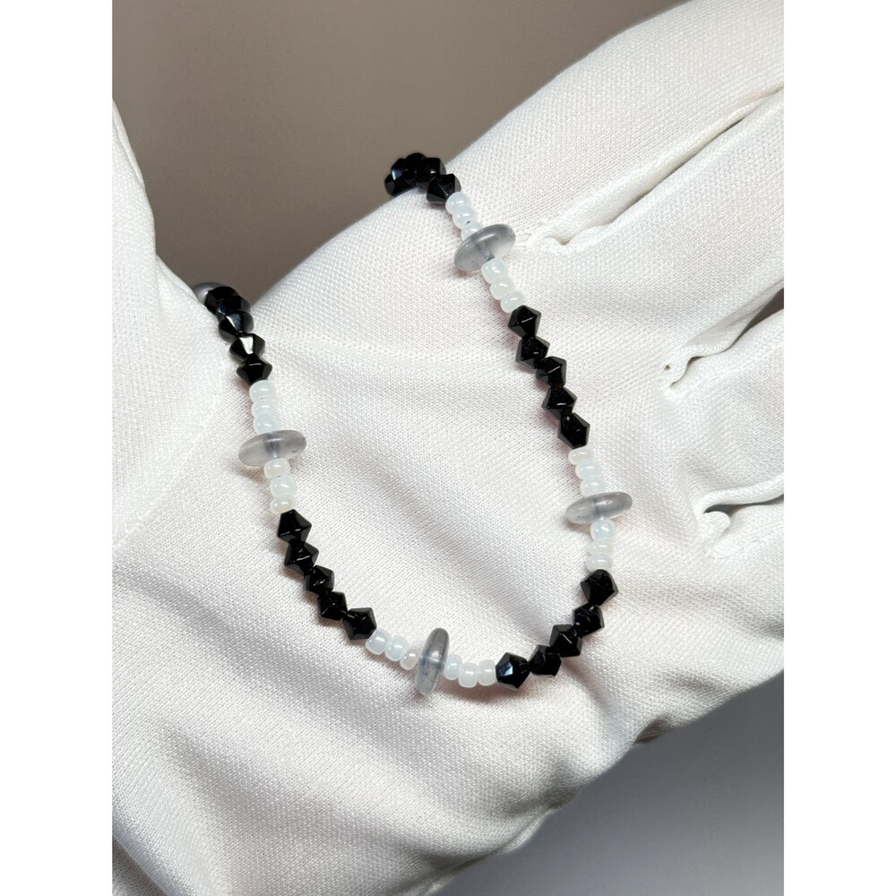 Black White Gray Beaded Choker Necklace 925 Sterling Hardware 15"